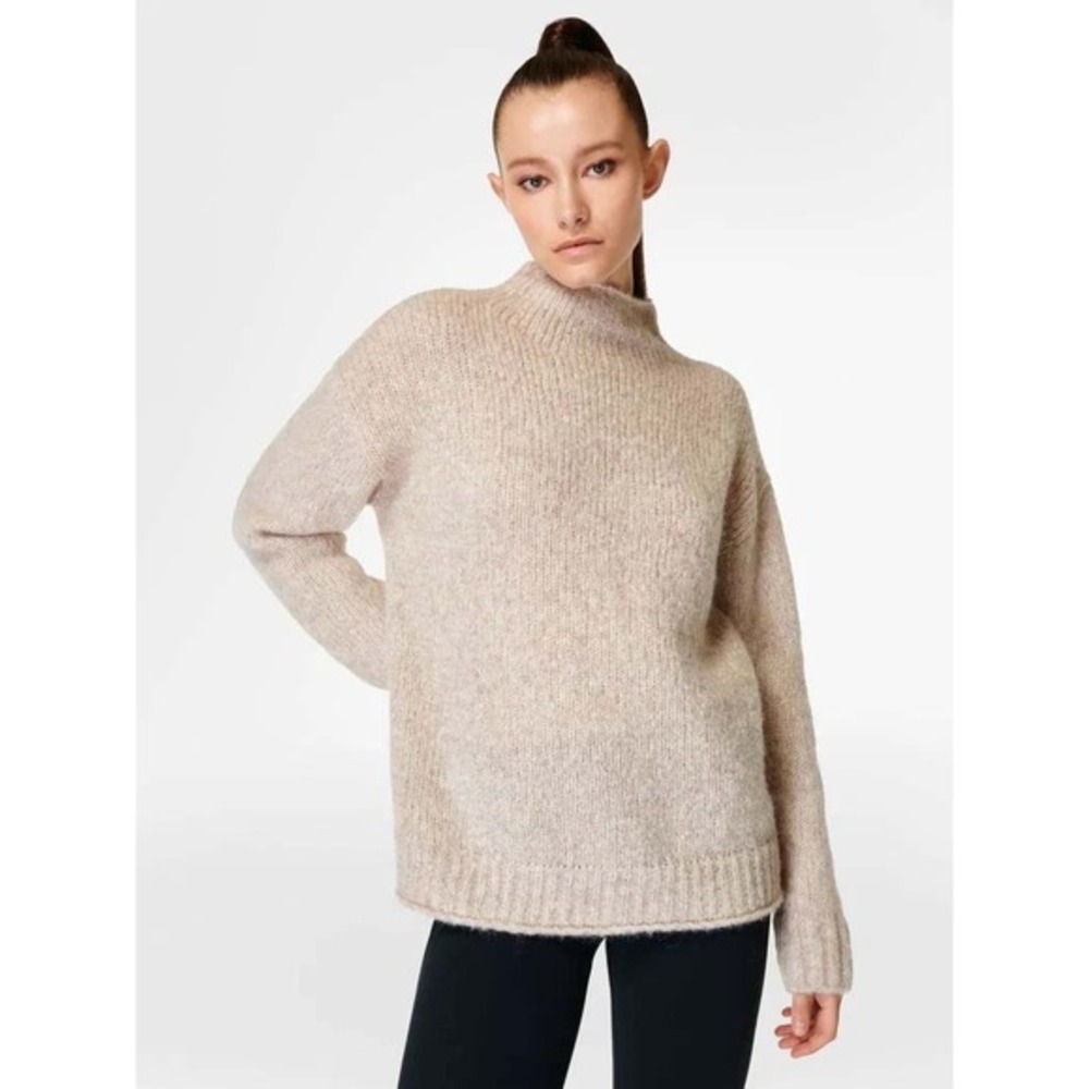 Sweaty Betty Brushed Boucle Funnel Neck Sweater Oatmeal Beige Knit XXL US 14